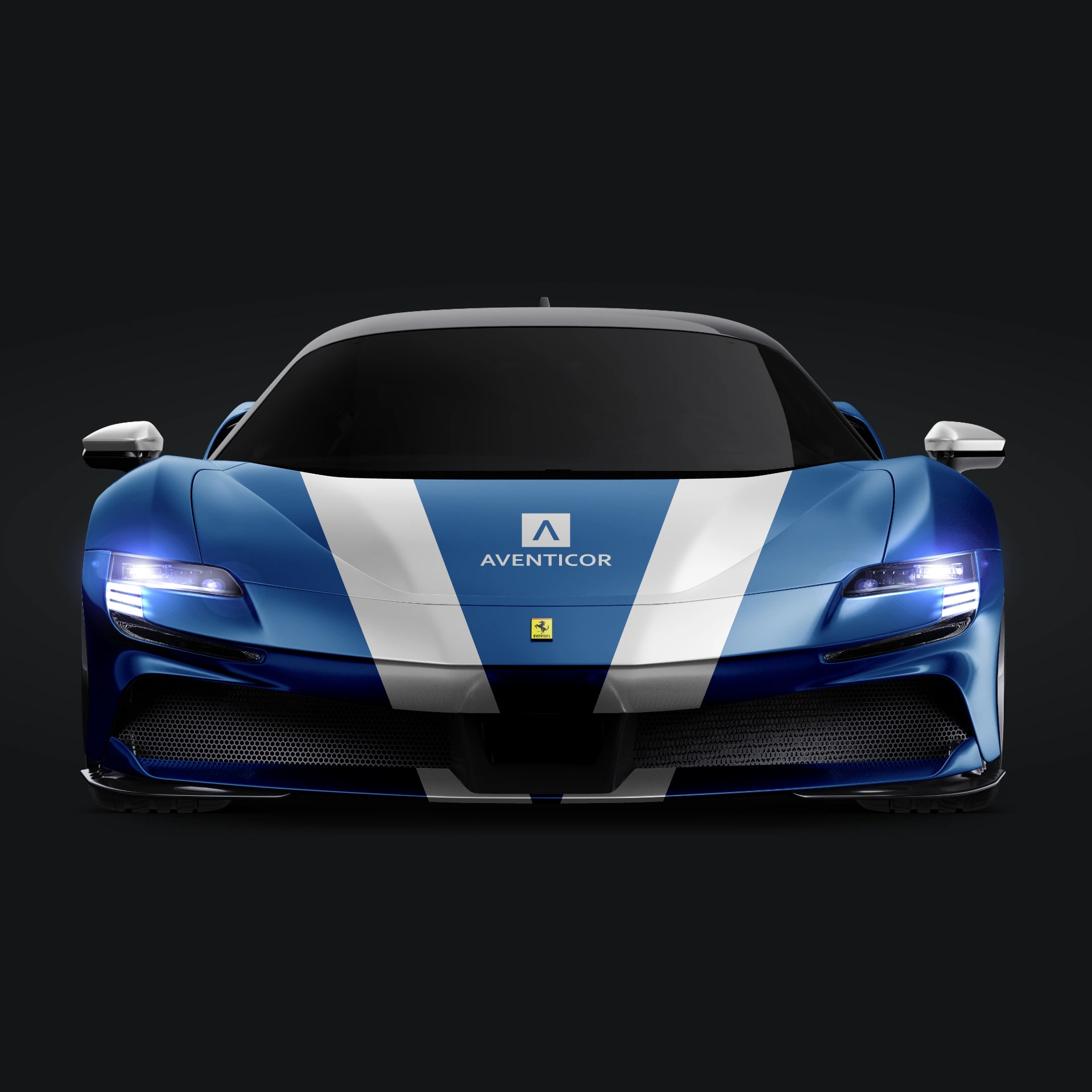 Blauer Ferrari Sportwagen mit AVENTICOR Branding und weissem Streifen als Markendesign