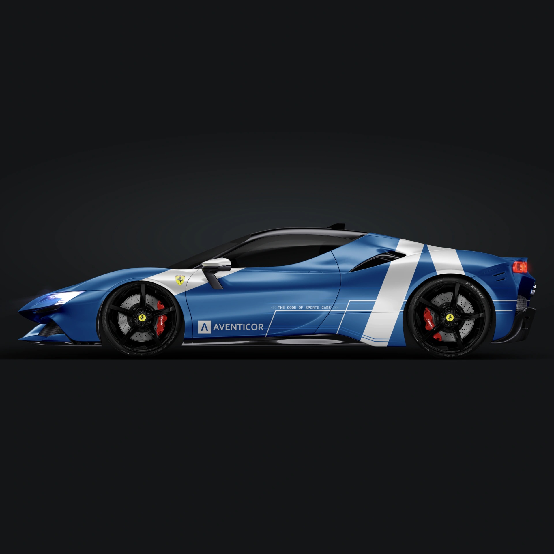 Blauer Ferrari Sportwagen mit AVENTICOR Branding und weissem Rennstreifen als Markendesign-Beispiel
