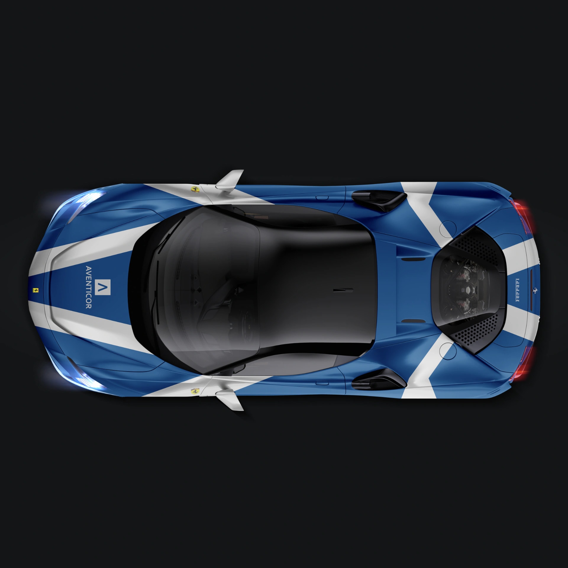 Blau-weiss folierter Ferrari mit Aventicor Branding in der Draufsicht