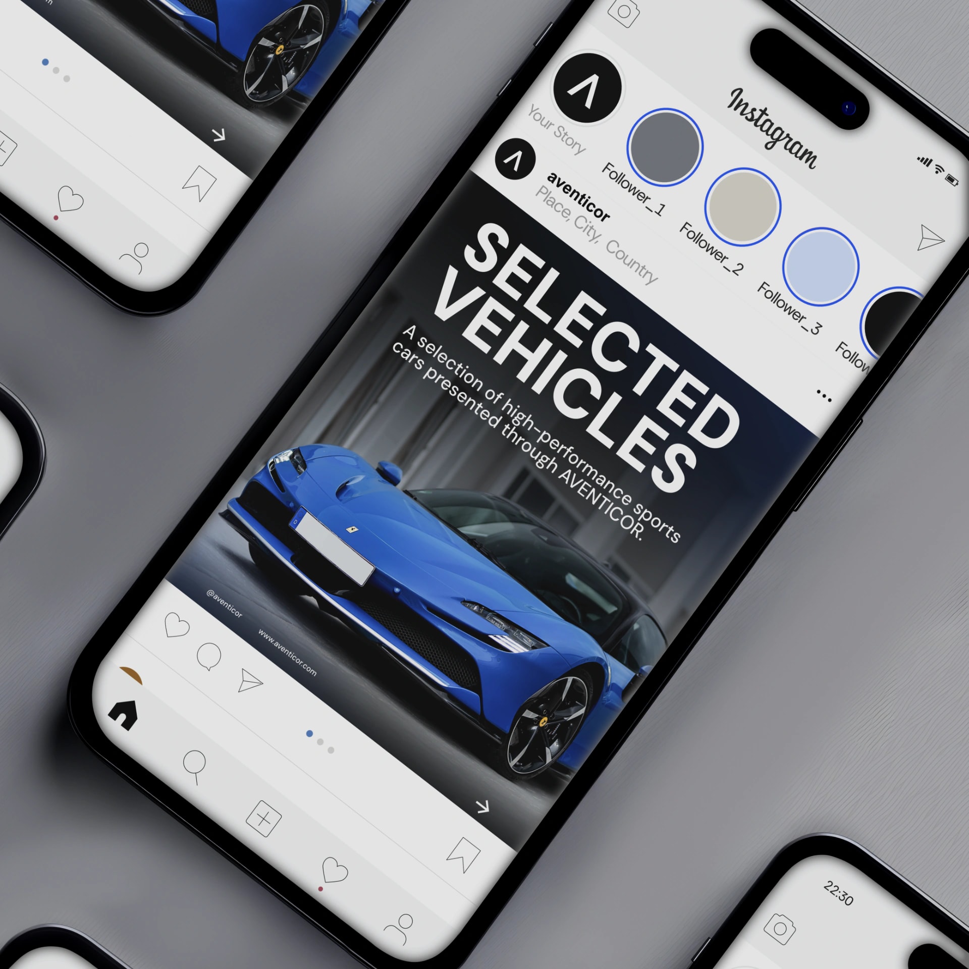Instagram Social-Media-Design fuer eine Marke mit blauem Sportwagen auf dem Smartphone