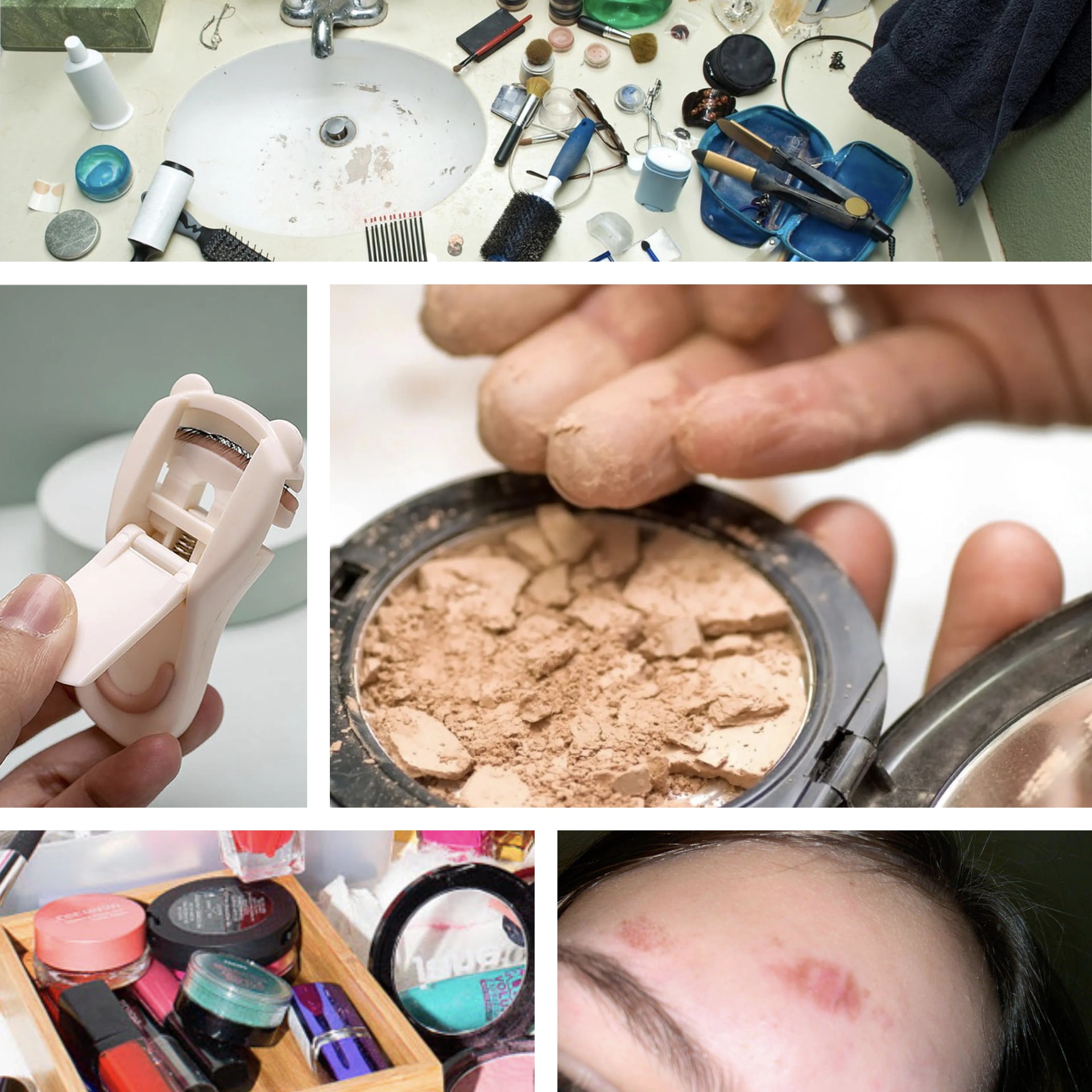 Collage aus unhygienischen Schminkutensilien, alter Kosmetik und geroeteter Haut zeigt Hautprobleme durch Make-up