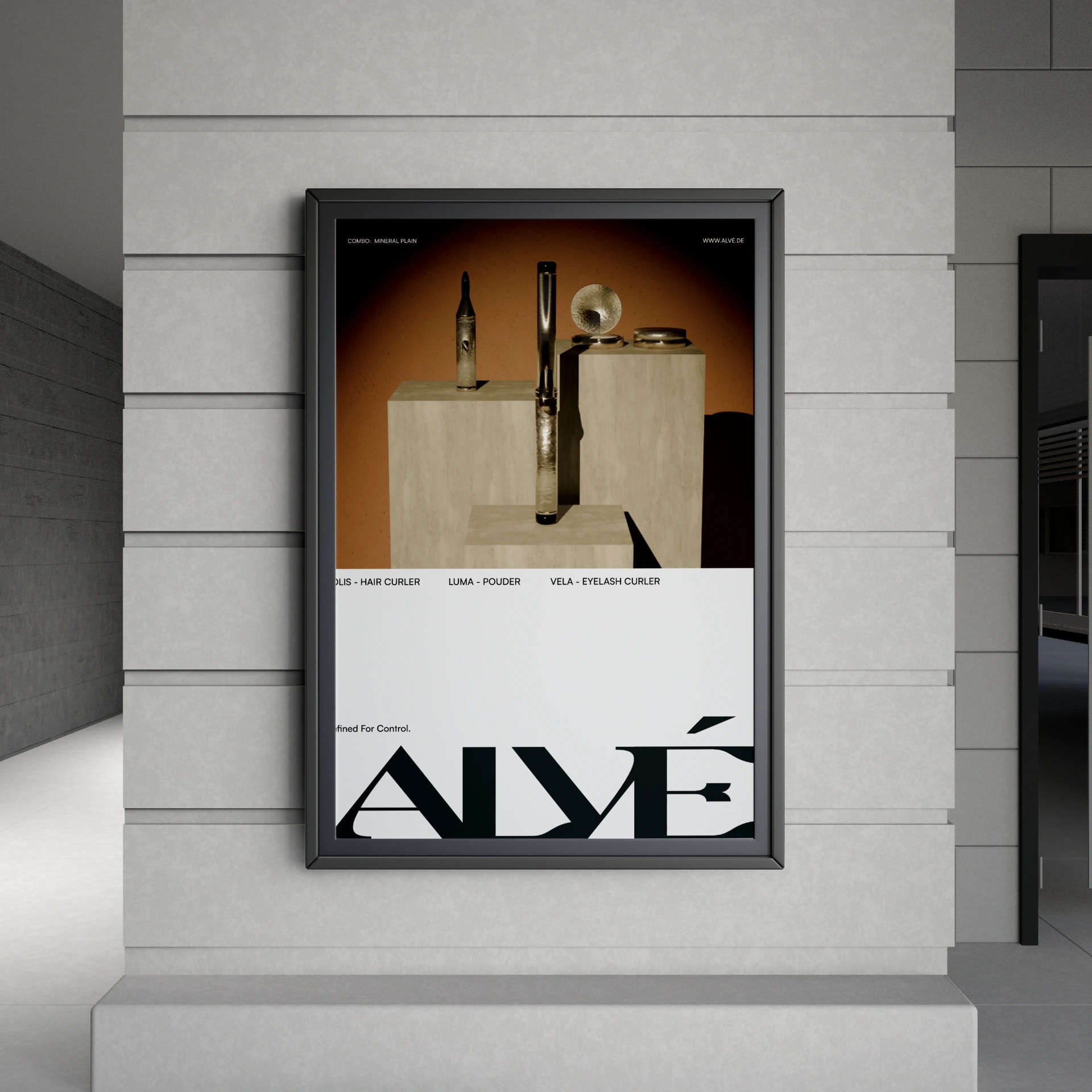 Gerahmtes ALVE Markenposter mit Beauty-Produkten und Logo-Design an einer Wand