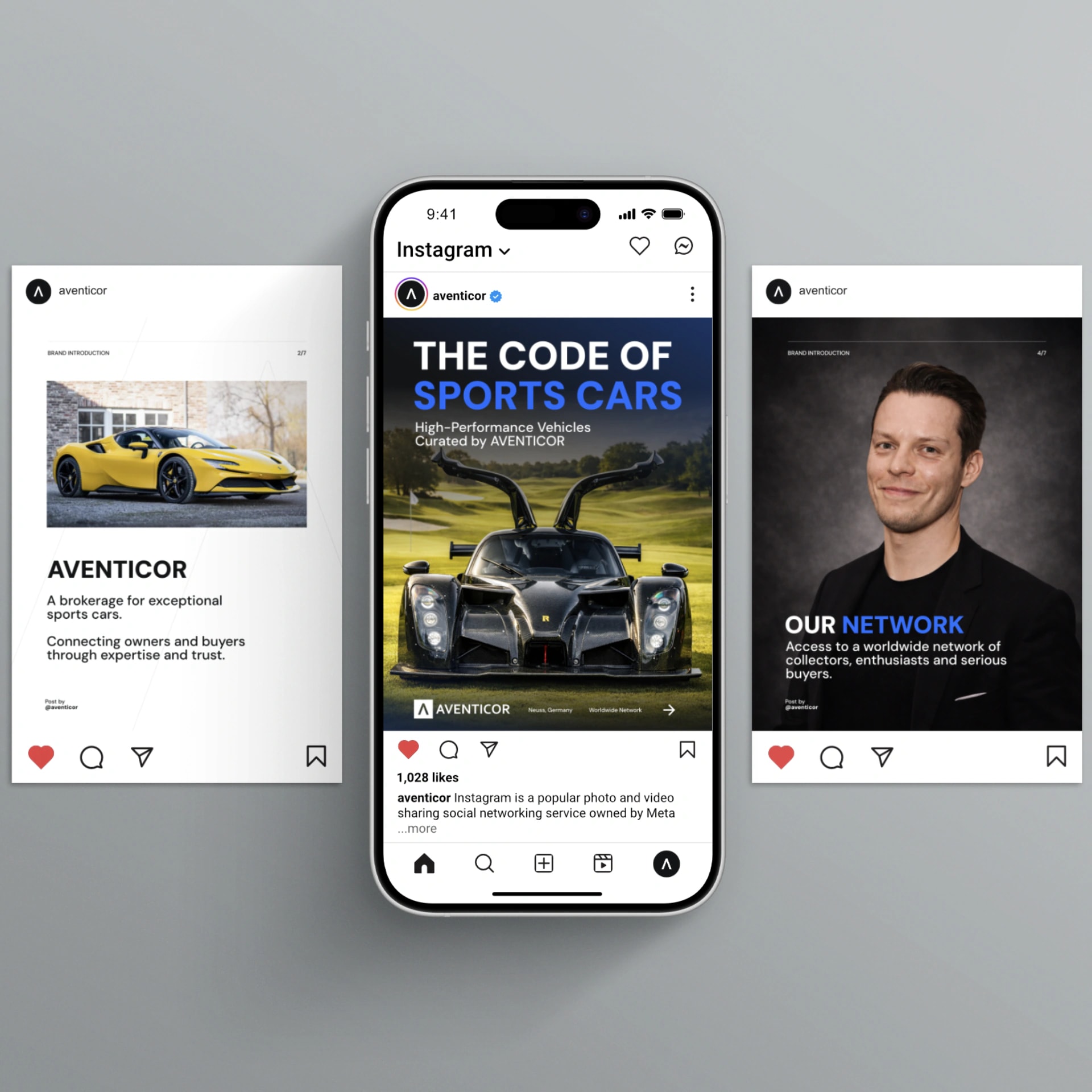 Aventicor Instagram-Posts fuer Sportwagen-Brokerage mit Markendesign und Social-Media-Konzept