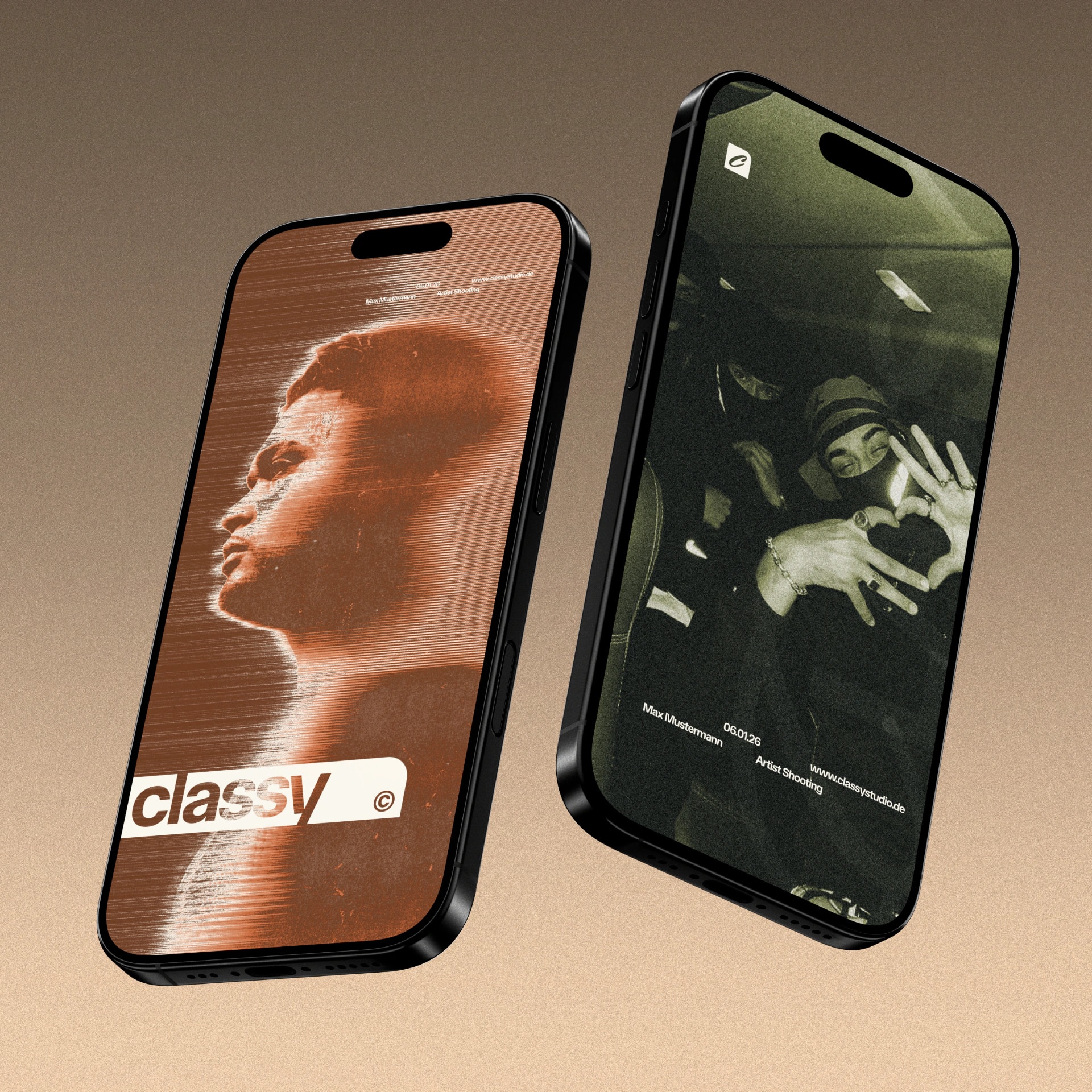 Zwei Smartphones zeigen Social-Media-Design fuer Markenauftritt mit Classy Studio Branding
