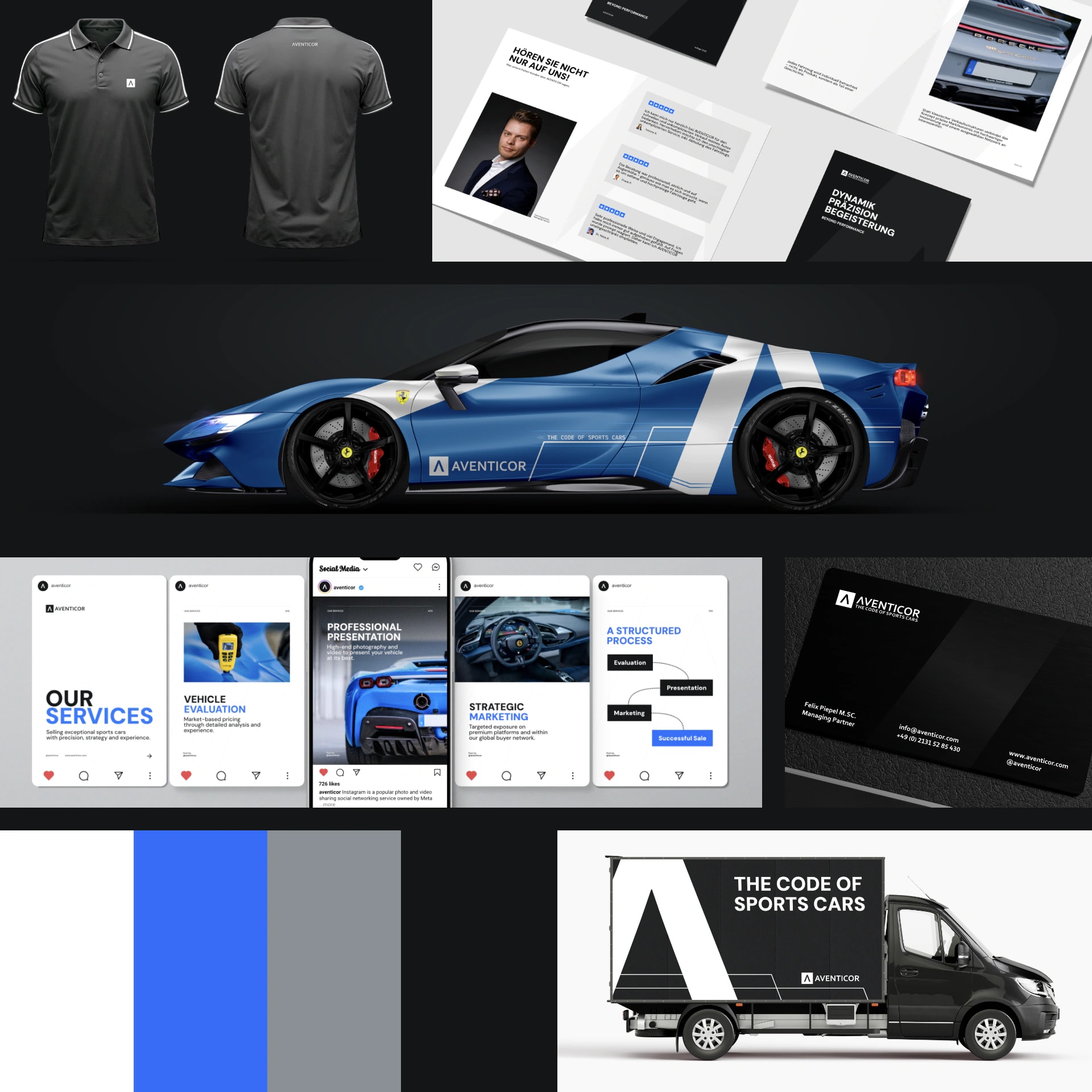 Corporate-Design-Übersicht der Marke Aventicor mit Sportwagen, Polo, Broschüre, Social Media und Fahrzeugbeschriftung.