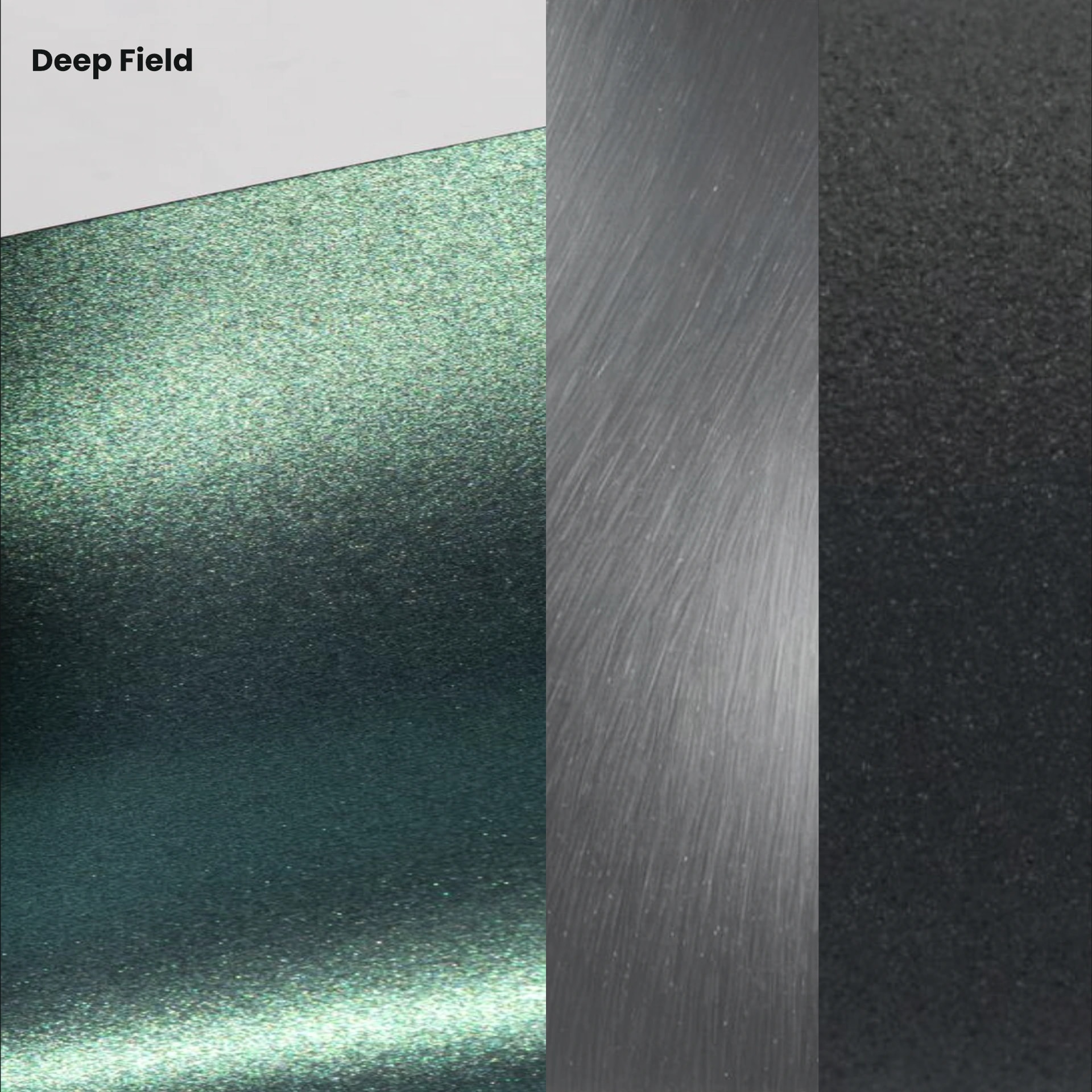Materialkombination Deep Field mit grüner Metallic-Lackierung und gebürstetem Metall