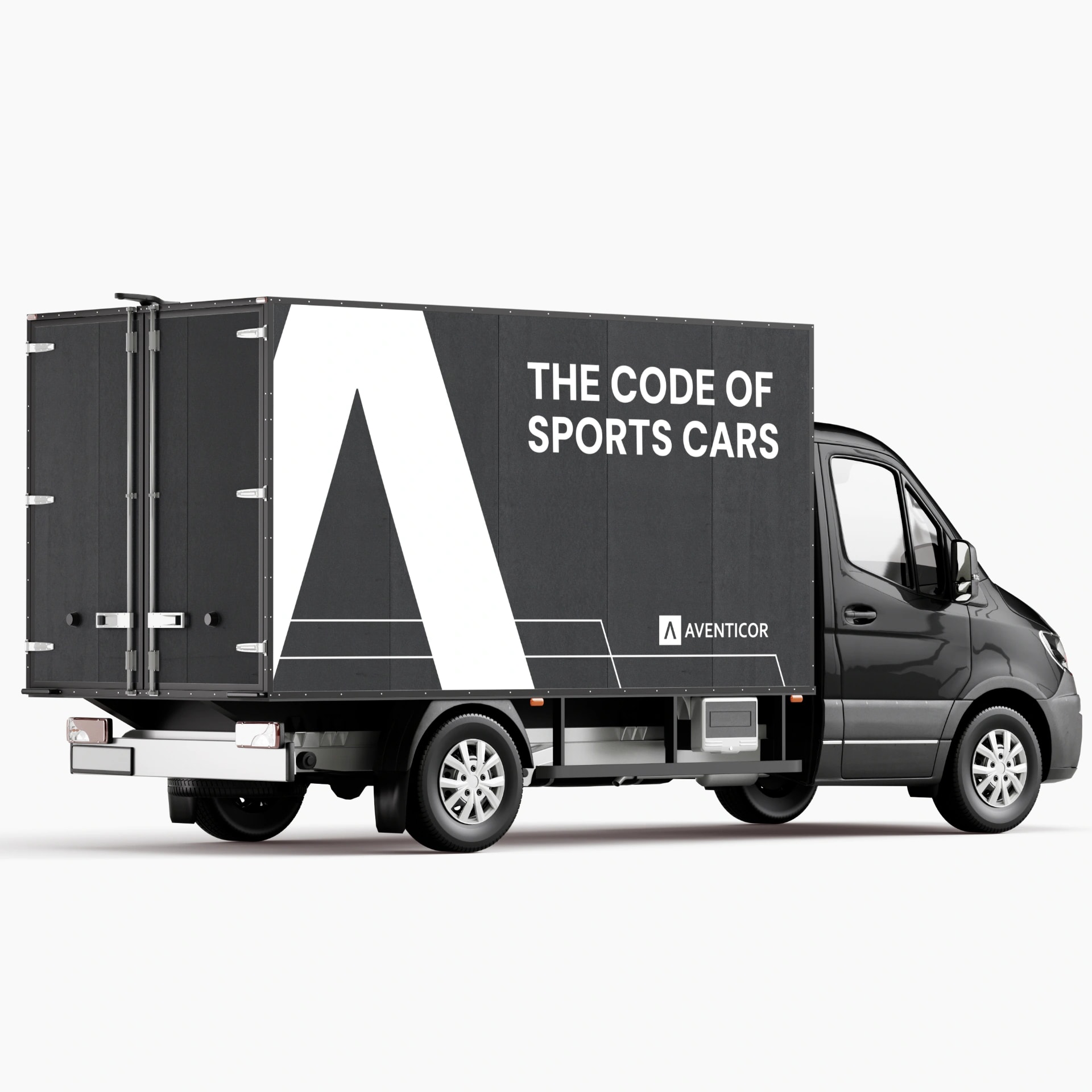 Schwarzer Transporter mit Fahrzeugbeschriftung und Markendesign fuer Aventicor als Corporate-Branding-Beispiel