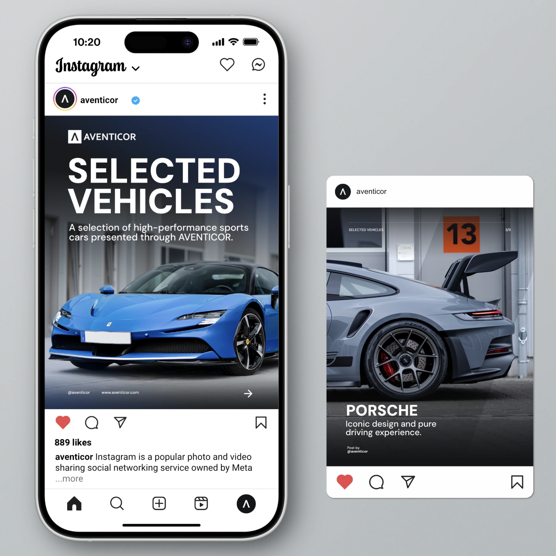 Instagram Social Media Design fuer AVENTICOR mit Sportwagen-Posts auf zwei Smartphones