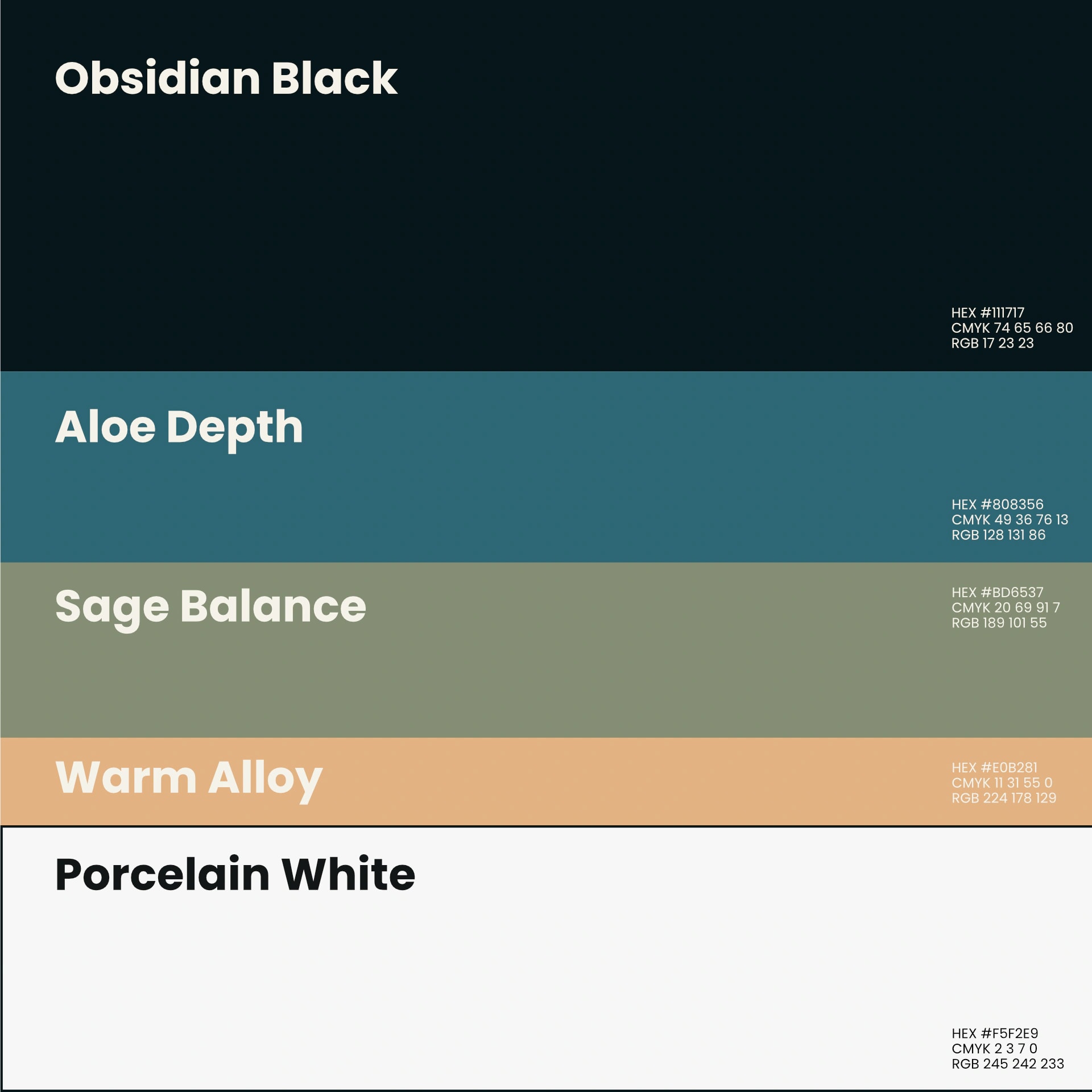 Farbpalette mit fünf Markenfarben inklusive HEX-, CMYK- und RGB-Werten für Corporate Design