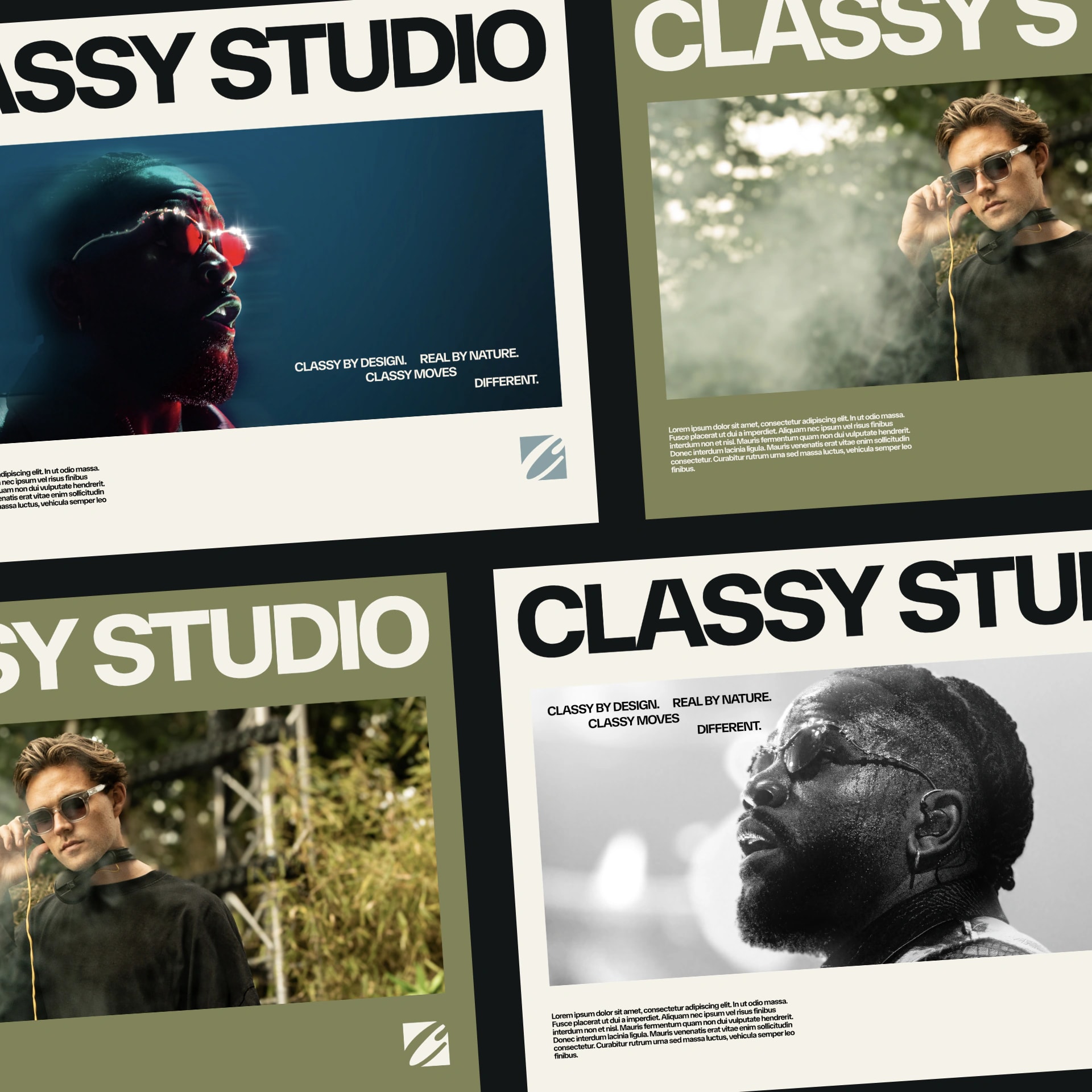 Branding-Praesentation Classy Studio mit Portraits, Typografie und Markendesign fuer Unternehmen