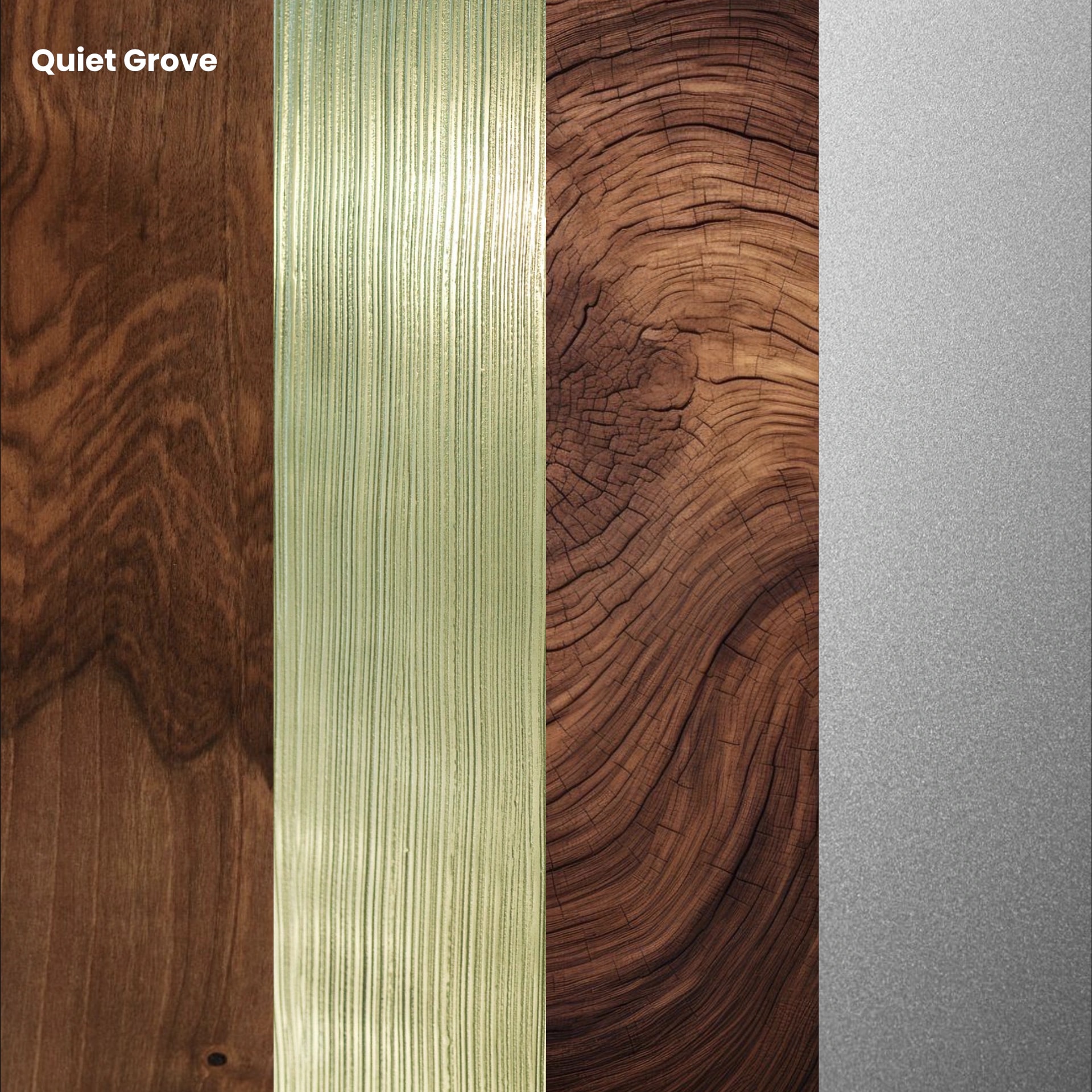 Materialcollage Quiet Grove mit Nussbaumholz, gruener Struktur und gebuerstetem Metall fuer Markendesign
