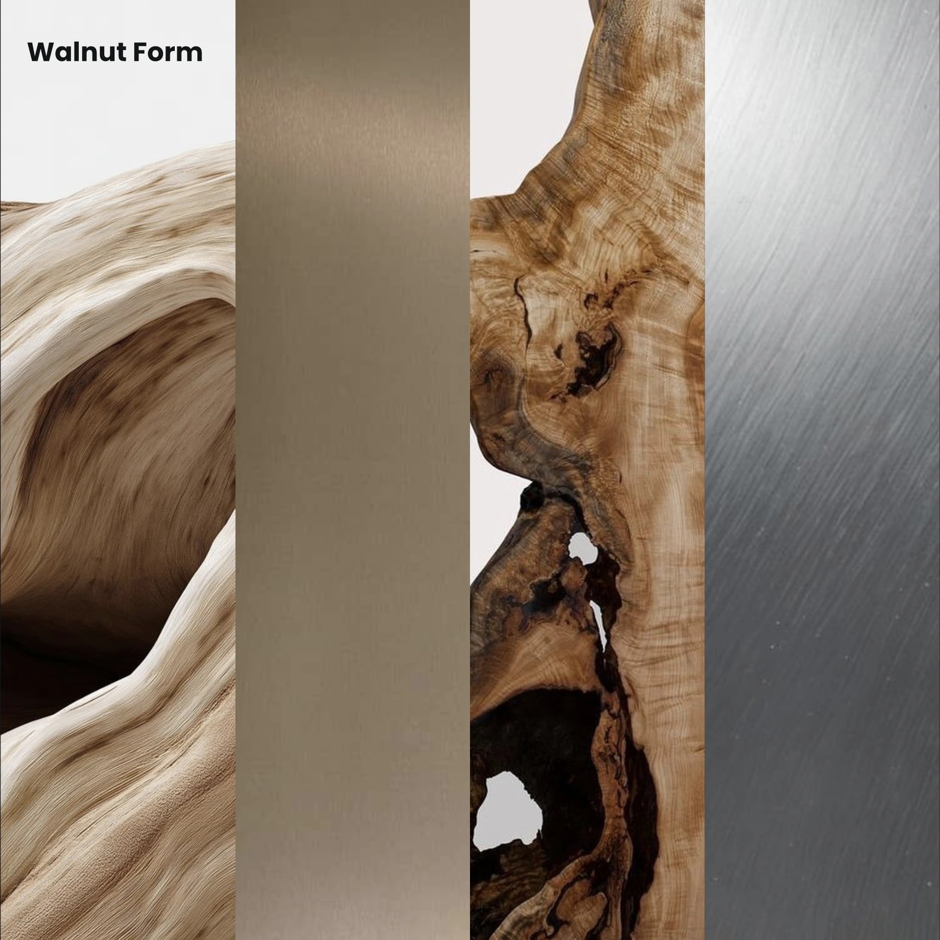Materialcollage aus Walnussholz und gebuerstetem Metall fuer Markendesign und Materialkonzepte