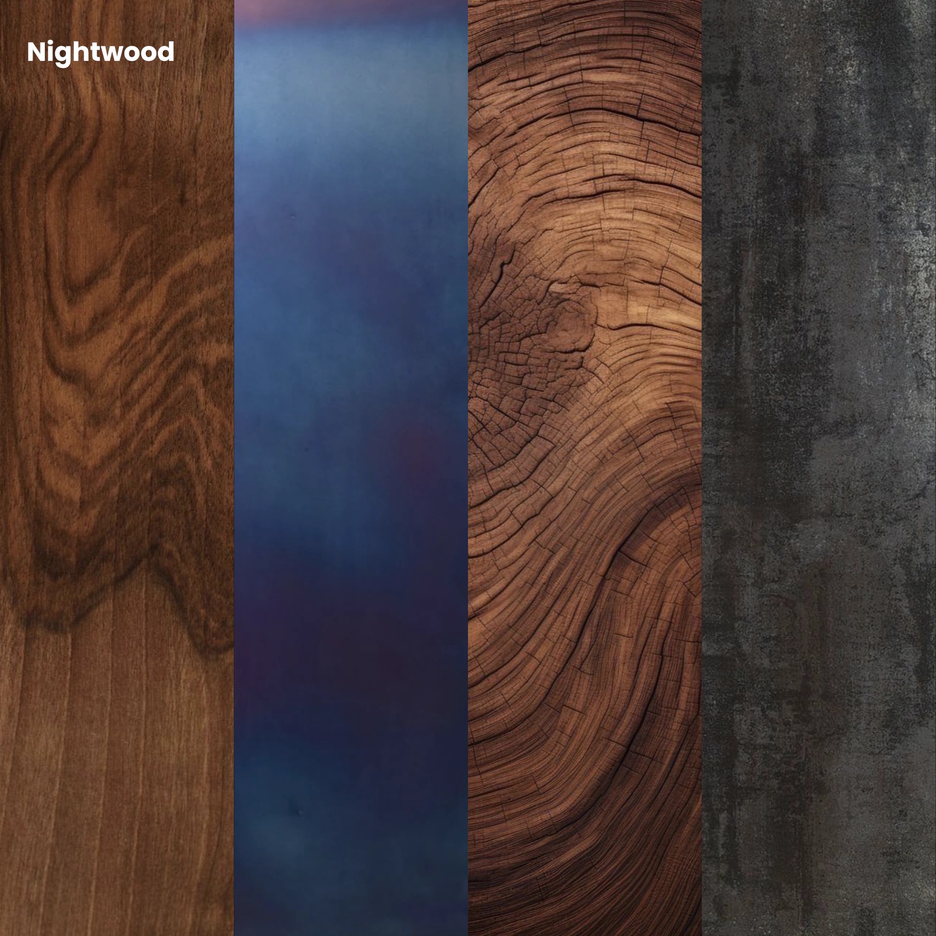 Materialkombination Nightwood mit Nussbaumholz, blauem Metall und dunklem Beton