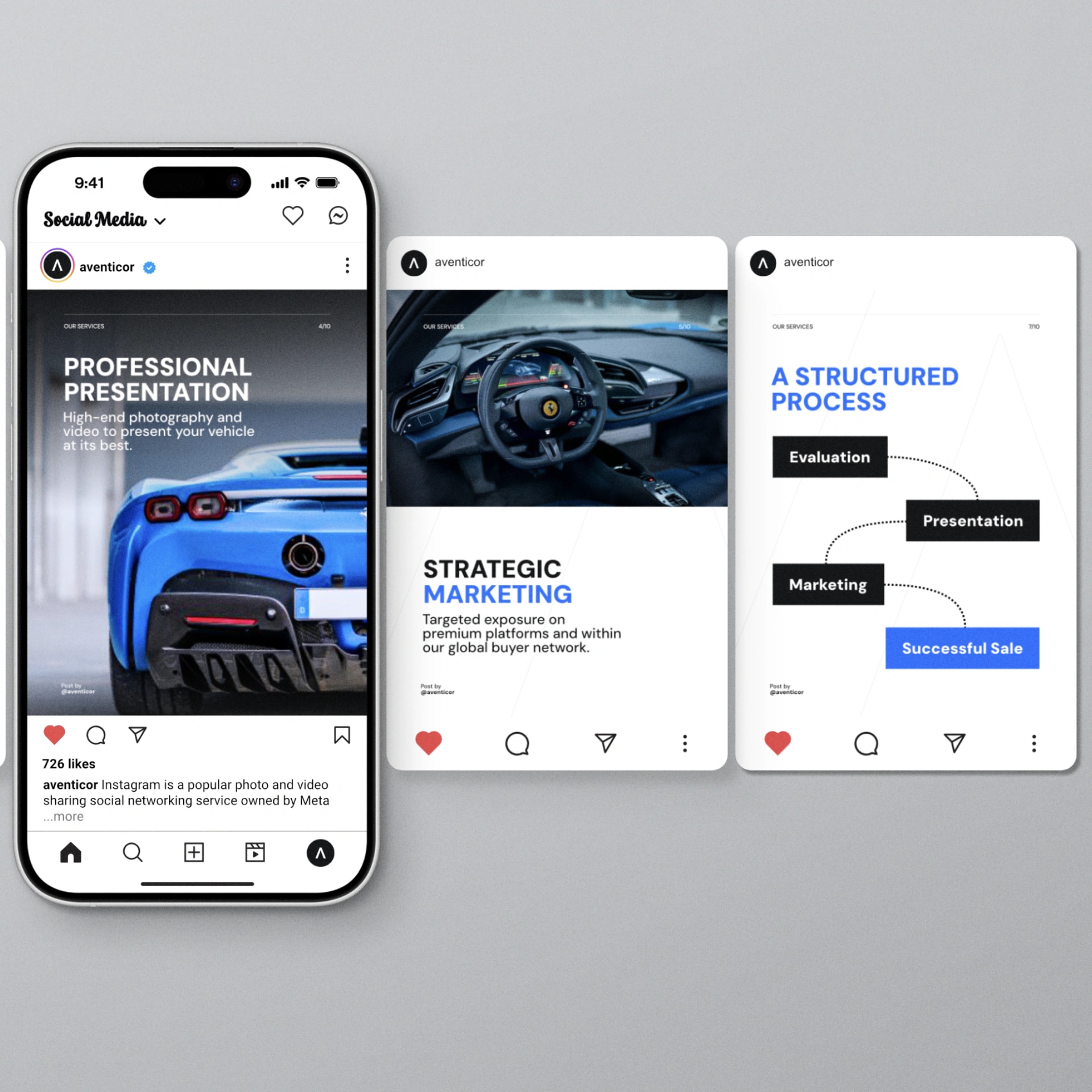 Instagram Social-Media-Posts fuer Automobil-Marketing auf Smartphone und Karussell-Slides