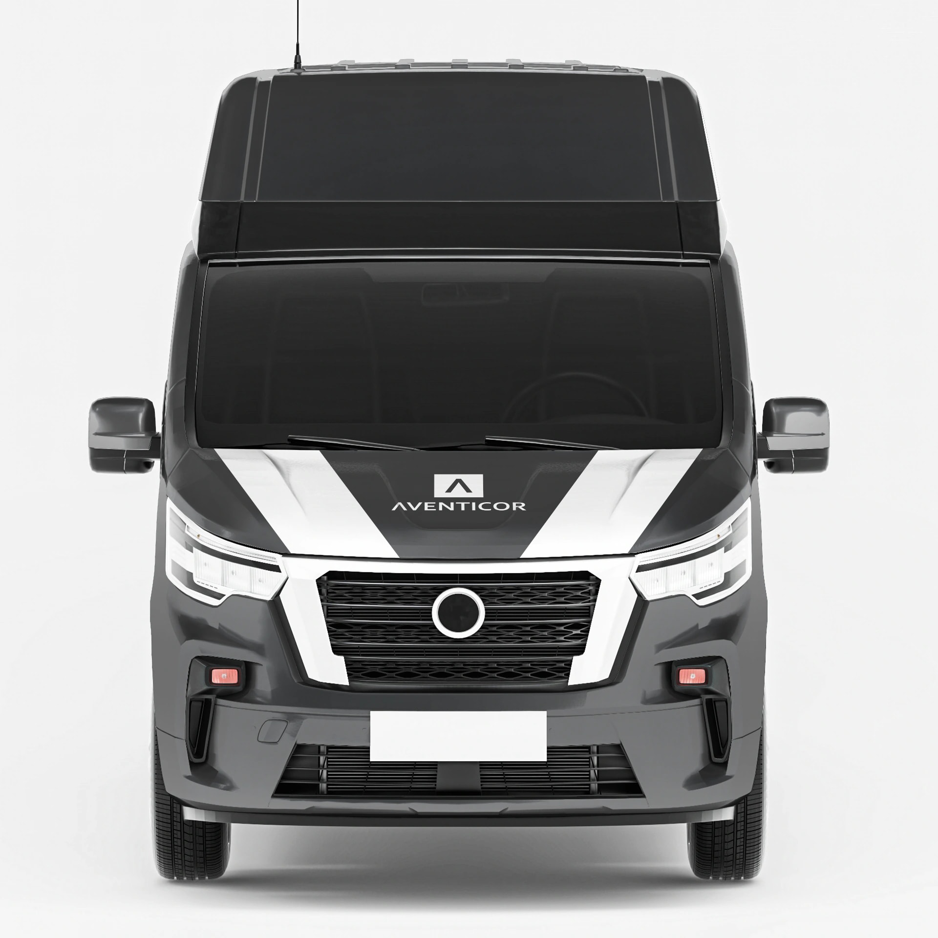 Grauer Transporter mit AVENTICOR Fahrzeugbeschriftung als Beispiel fuer Fahrzeugbranding im Corporate Design